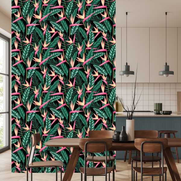 Behang Tropische Bloemen Met Palmbladeren - Afbeelding 4