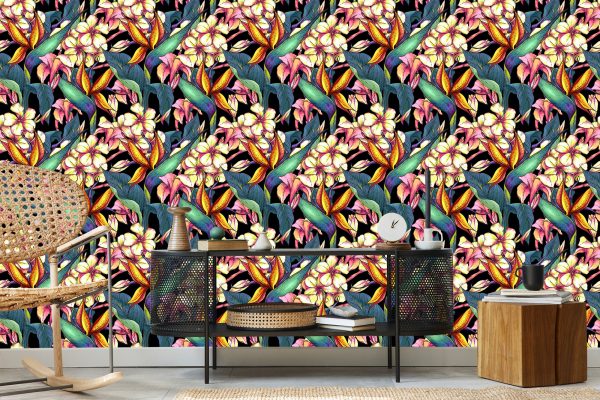 Behang Tropische Bladeren Met Bloemen - Afbeelding 5