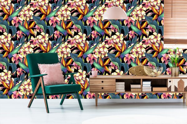 Behang Tropische Bladeren Met Bloemen - Afbeelding 6