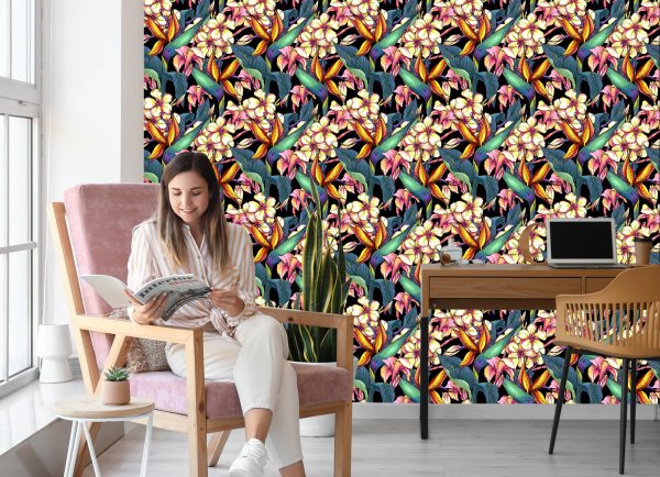 Behang Tropische Bladeren Met Bloemen - Afbeelding 7