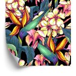 Behang Tropische Bladeren Met Bloemen