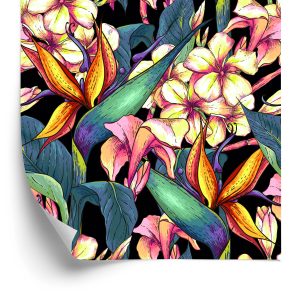 Behang Tropische Bladeren Met Bloemen