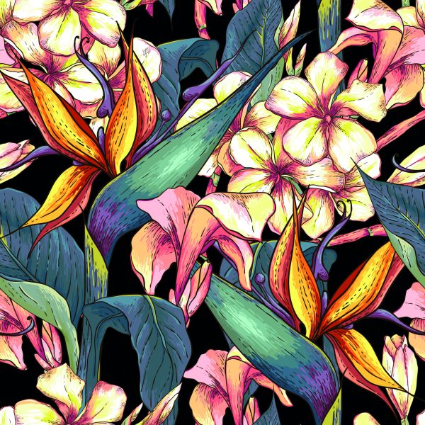 Behang Tropische Bladeren Met Bloemen - Afbeelding 2