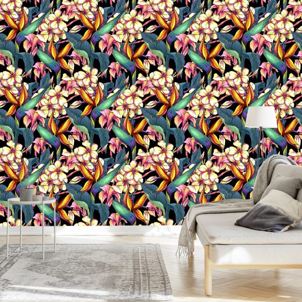 Behang Tropische Bladeren Met Bloemen - Afbeelding 3