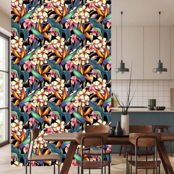 Behang Tropische Bladeren Met Bloemen - Afbeelding 4