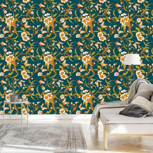 Behang Vlinders Met Bloemen - Afbeelding 3