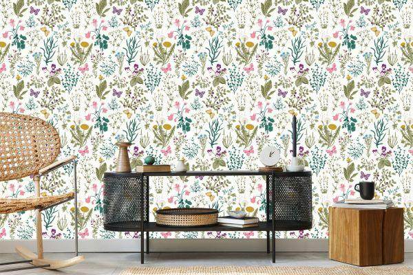 Behang Wilde Bloemen Met Vlinders - Afbeelding 5