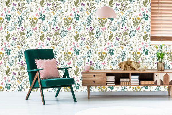 Behang Wilde Bloemen Met Vlinders - Afbeelding 6