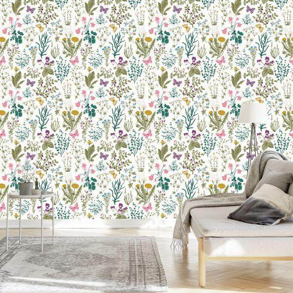 Behang Wilde Bloemen Met Vlinders - Afbeelding 3