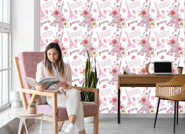 Behang Eiffeltoren Met Bloemen En Hartjes - Afbeelding 7