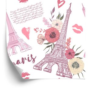 Behang Eiffeltoren Met Bloemen En Hartjes