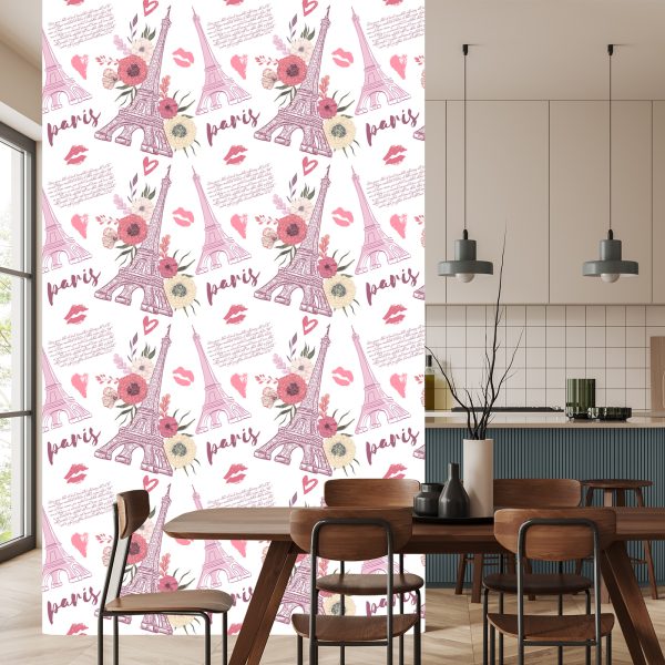 Behang Eiffeltoren Met Bloemen En Hartjes - Afbeelding 4
