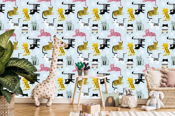 Behang Voor Kinderen - Kleurrijke Katten - Scandinavische Stijl - Afbeelding 5