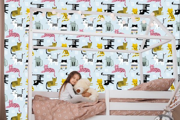 Behang Voor Kinderen - Kleurrijke Katten - Scandinavische Stijl - Afbeelding 7