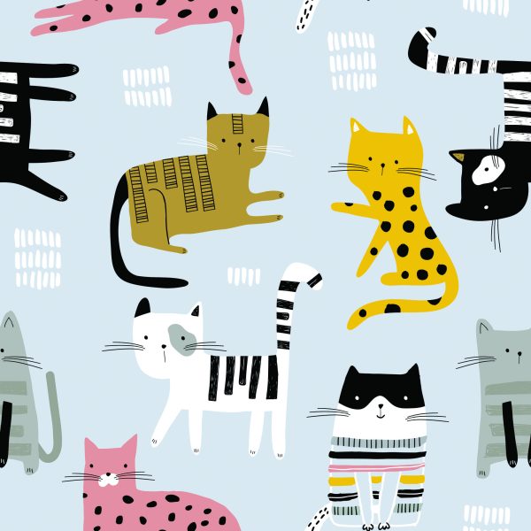 Behang Voor Kinderen - Kleurrijke Katten - Scandinavische Stijl - Afbeelding 2
