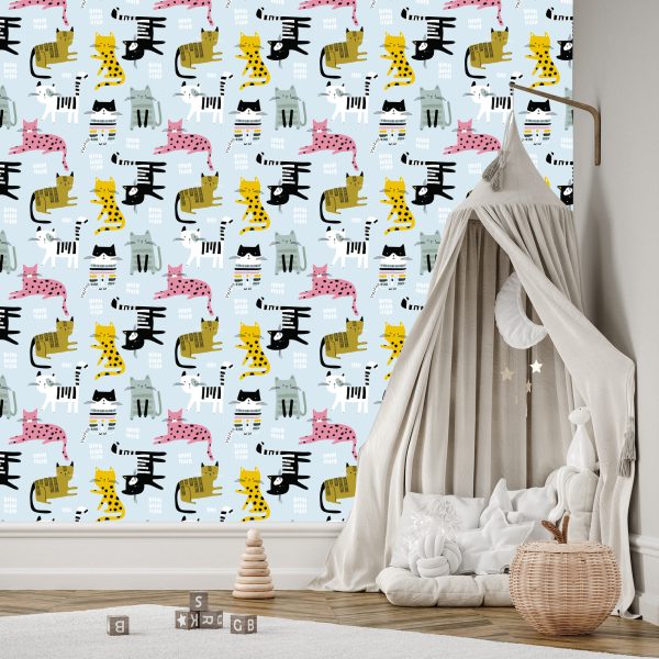 Behang Voor Kinderen - Kleurrijke Katten - Scandinavische Stijl - Afbeelding 3