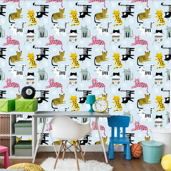 Behang Voor Kinderen - Kleurrijke Katten - Scandinavische Stijl - Afbeelding 4