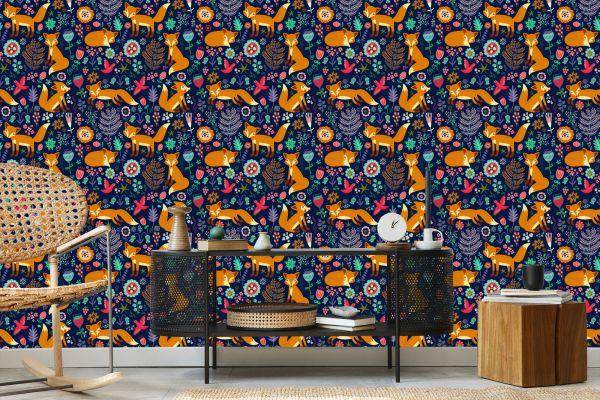 Behang Vossen Met Bloemen In Folkloristische Stijl - Afbeelding 5
