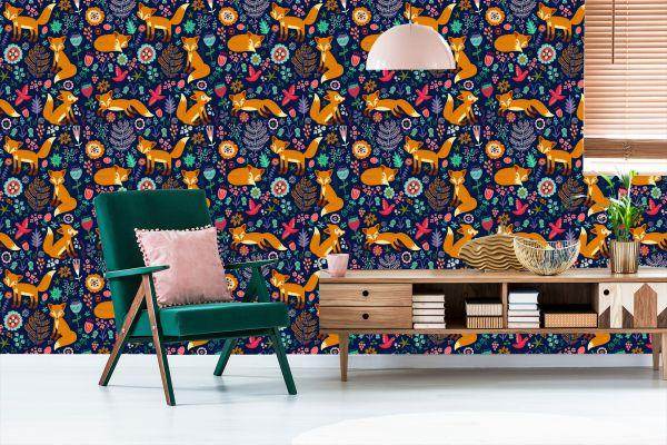 Behang Vossen Met Bloemen In Folkloristische Stijl - Afbeelding 6
