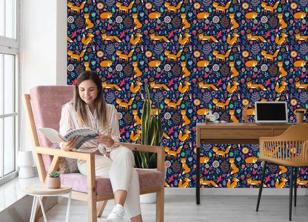Behang Vossen Met Bloemen In Folkloristische Stijl - Afbeelding 7