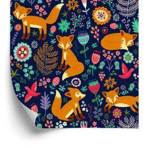 Behang Vossen Met Bloemen In Folkloristische Stijl