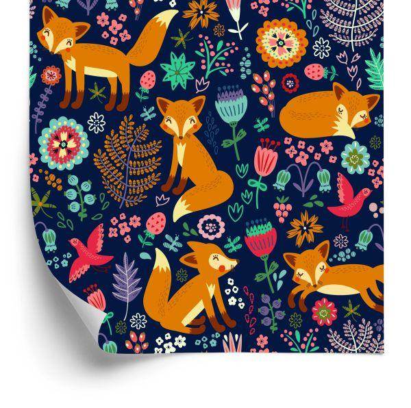 Behang Vossen Met Bloemen In Folkloristische Stijl