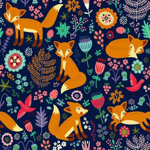 Behang Vossen Met Bloemen In Folkloristische Stijl - Afbeelding 2