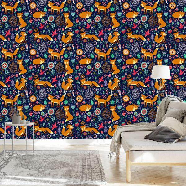 Behang Vossen Met Bloemen In Folkloristische Stijl - Afbeelding 3