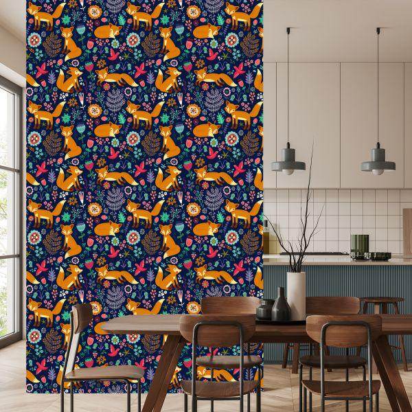 Behang Vossen Met Bloemen In Folkloristische Stijl - Afbeelding 4