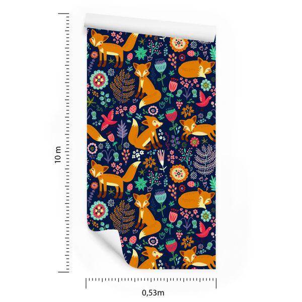 Behang Vossen Met Bloemen In Folkloristische Stijl - Afbeelding 8
