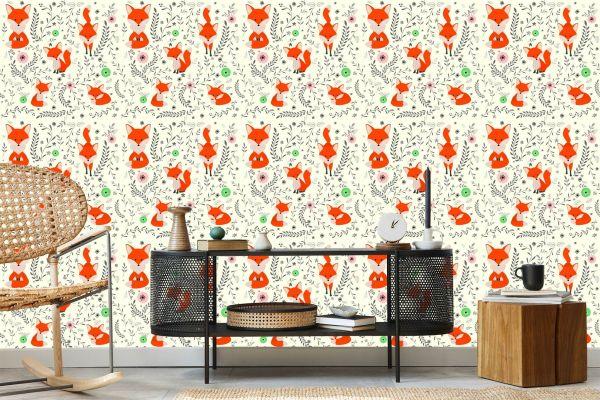 Behang Schattige Vossen Met Planten - Afbeelding 5