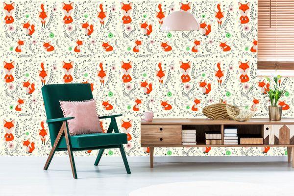 Behang Schattige Vossen Met Planten - Afbeelding 6