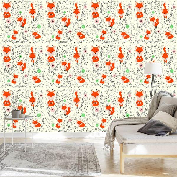 Behang Schattige Vossen Met Planten - Afbeelding 3