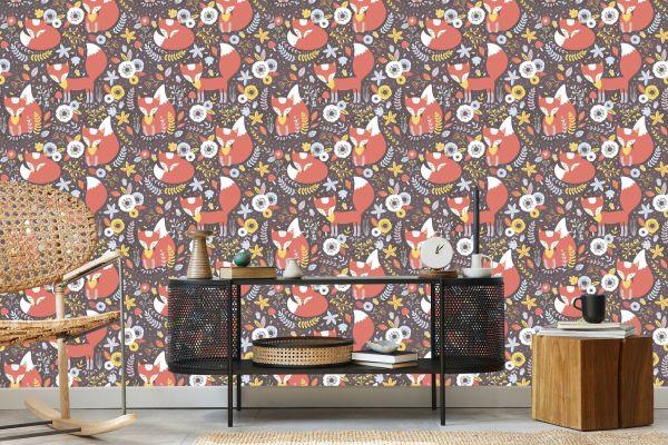 Behang Slapende Vossen Met Bloemen - Afbeelding 5