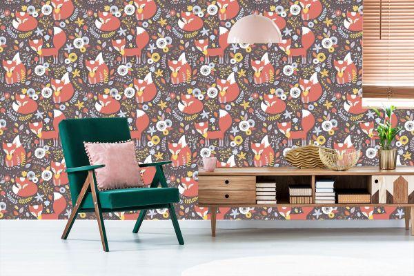 Behang Slapende Vossen Met Bloemen - Afbeelding 6