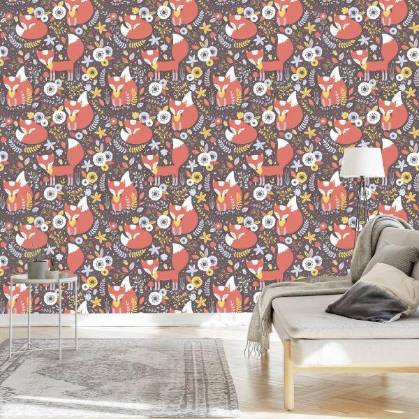 Behang Slapende Vossen Met Bloemen - Afbeelding 3