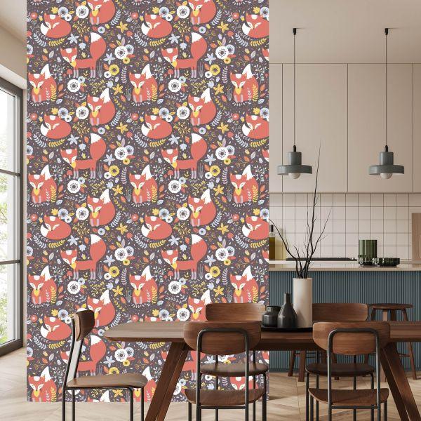 Behang Slapende Vossen Met Bloemen - Afbeelding 4
