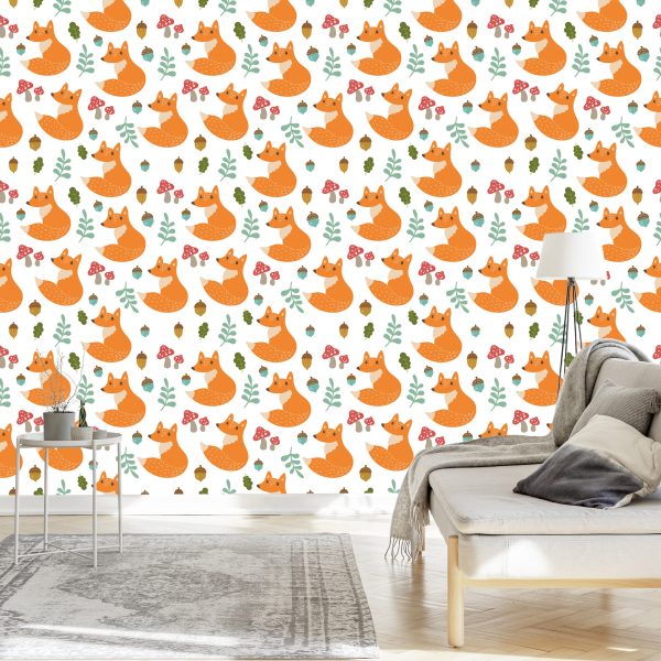 Behang Minimalistische Vossen Met Bladeren - Afbeelding 3