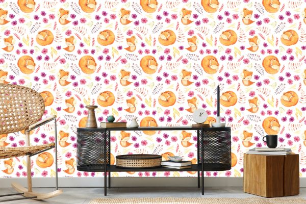 Behang Kleine Vossen Met Bloemen - Afbeelding 5