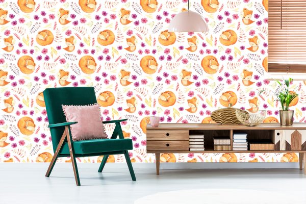 Behang Kleine Vossen Met Bloemen - Afbeelding 6