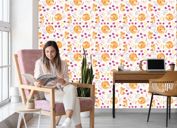 Behang Kleine Vossen Met Bloemen - Afbeelding 7
