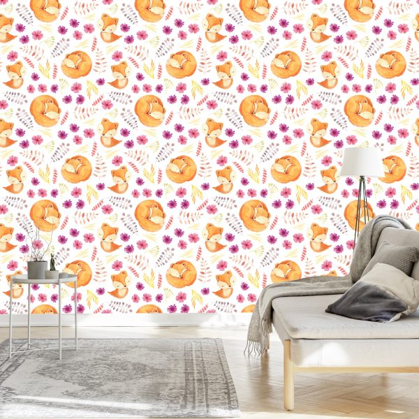 Behang Kleine Vossen Met Bloemen - Afbeelding 3