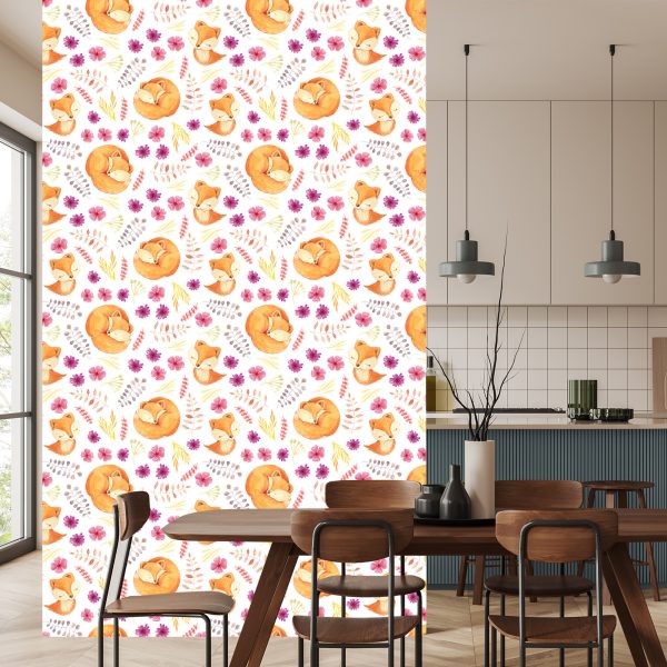 Behang Kleine Vossen Met Bloemen - Afbeelding 4