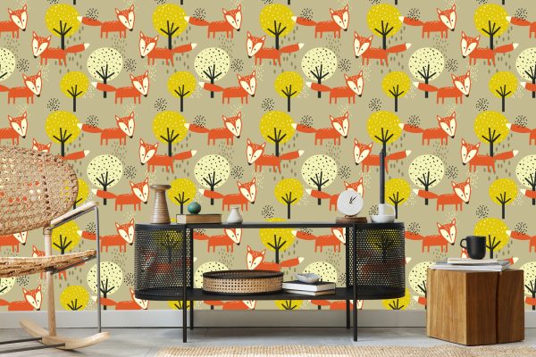 Behang Minimalistische Vossen En Bomen - Afbeelding 5