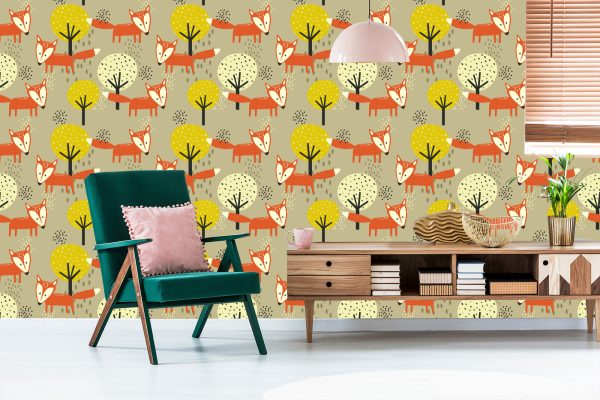 Behang Minimalistische Vossen En Bomen - Afbeelding 6