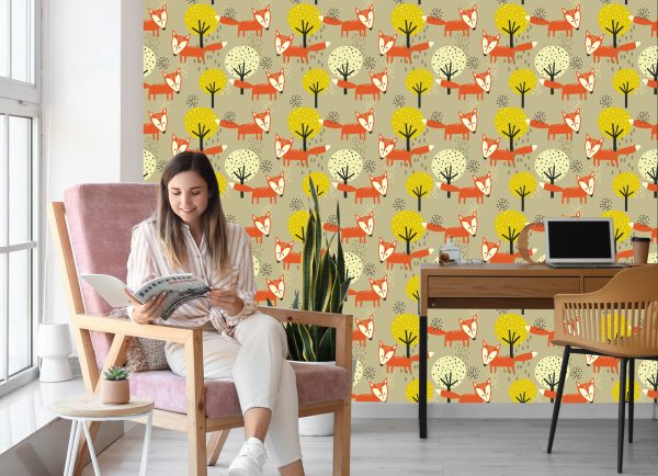 Behang Minimalistische Vossen En Bomen - Afbeelding 7