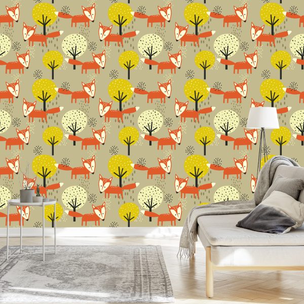 Behang Minimalistische Vossen En Bomen - Afbeelding 3