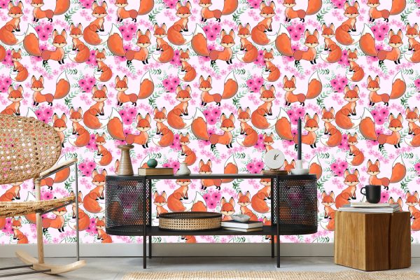 Behang Mooie Vossen Met Bloemen - Afbeelding 5