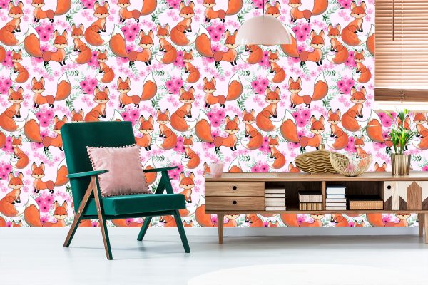 Behang Mooie Vossen Met Bloemen - Afbeelding 6