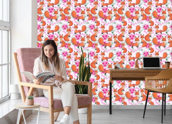 Behang Mooie Vossen Met Bloemen - Afbeelding 7